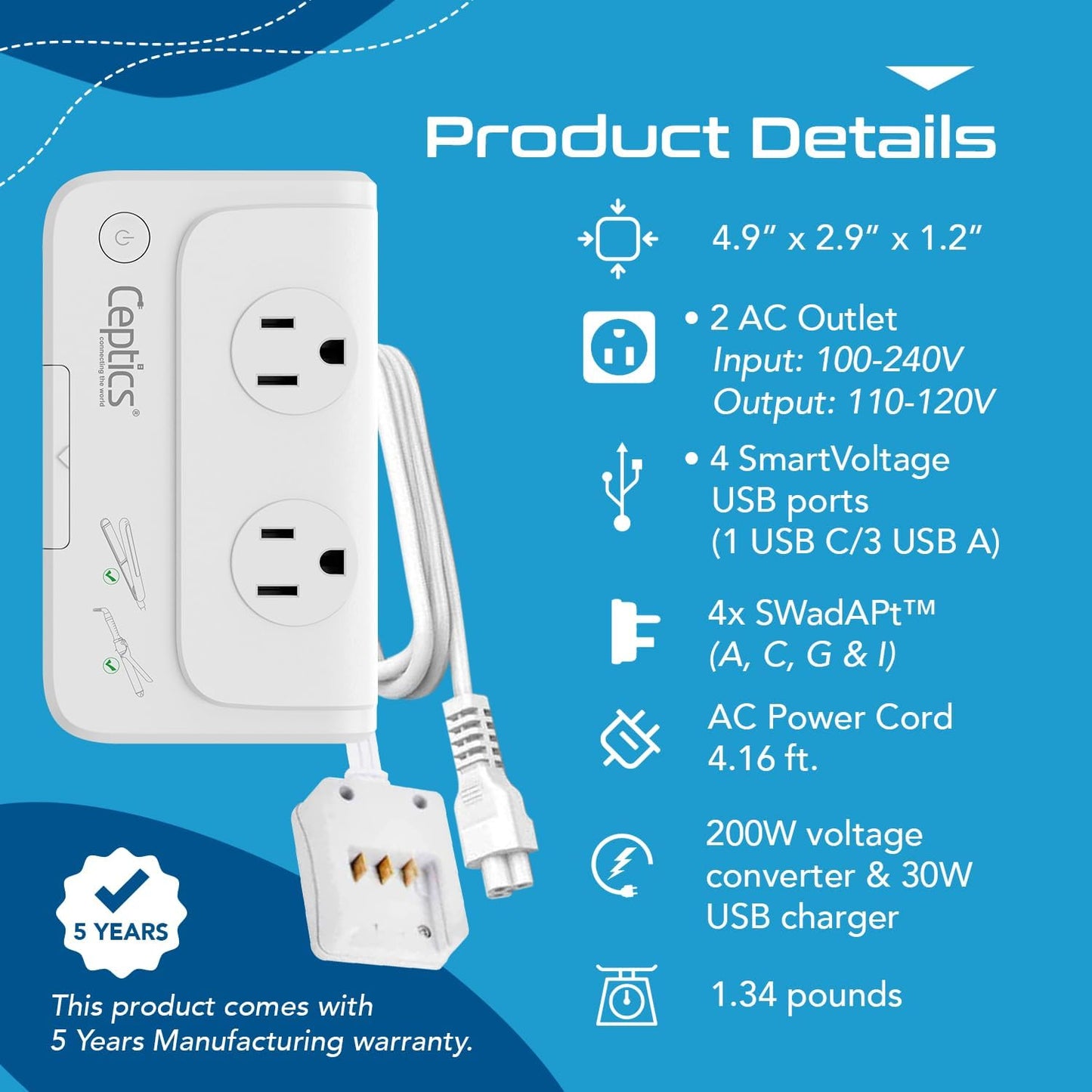 200 W Voltage Converter, Convert 220 V to 110V for Devices like Curling Iron, Straightener, Chargers, Step down World Power Plug - 4 USB Charging Fast QC 3.0 - EU/AU/UK/US Included
