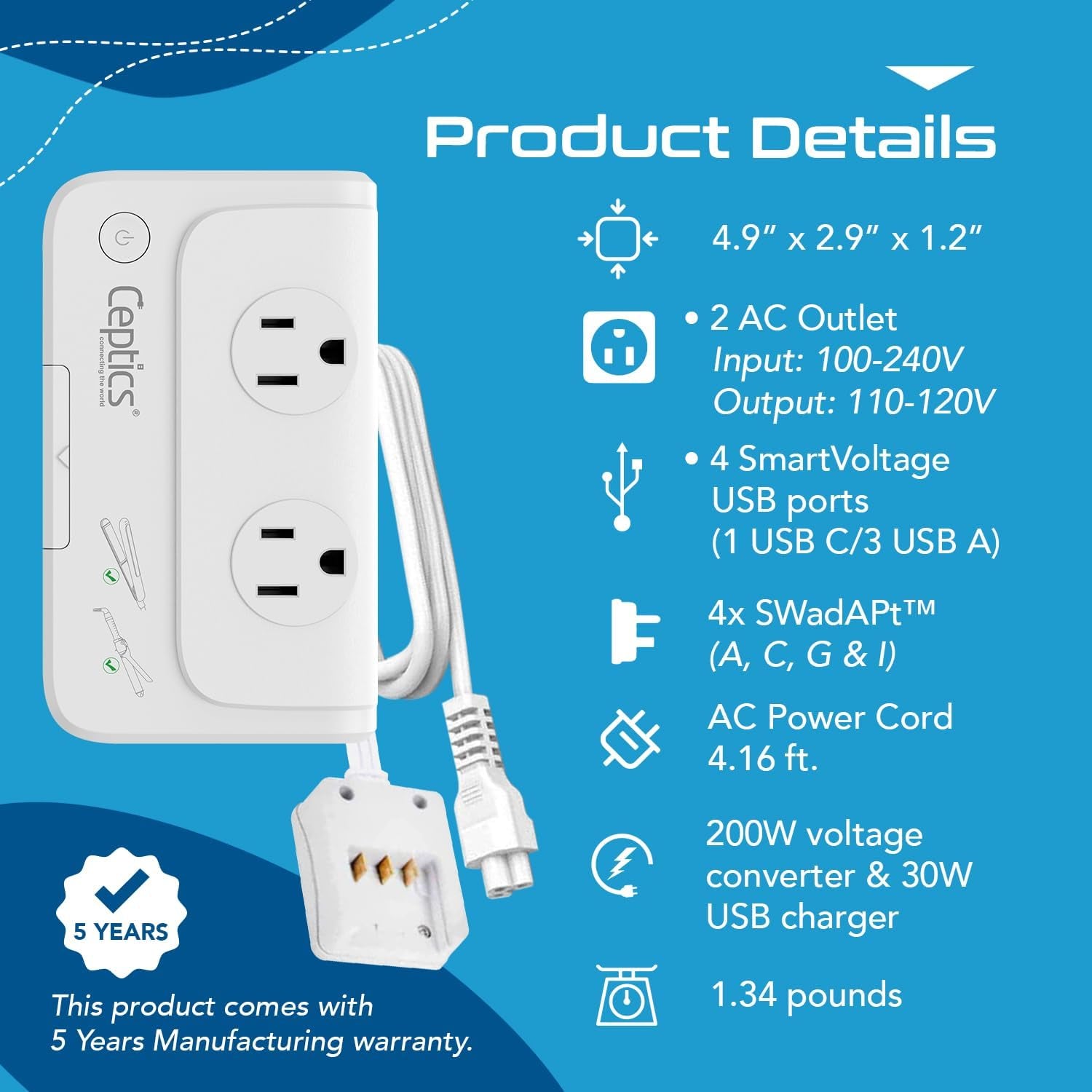200 W Voltage Converter, Convert 220 V to 110V for Devices like Curling Iron, Straightener, Chargers, Step down World Power Plug - 4 USB Charging Fast QC 3.0 - EU/AU/UK/US Included