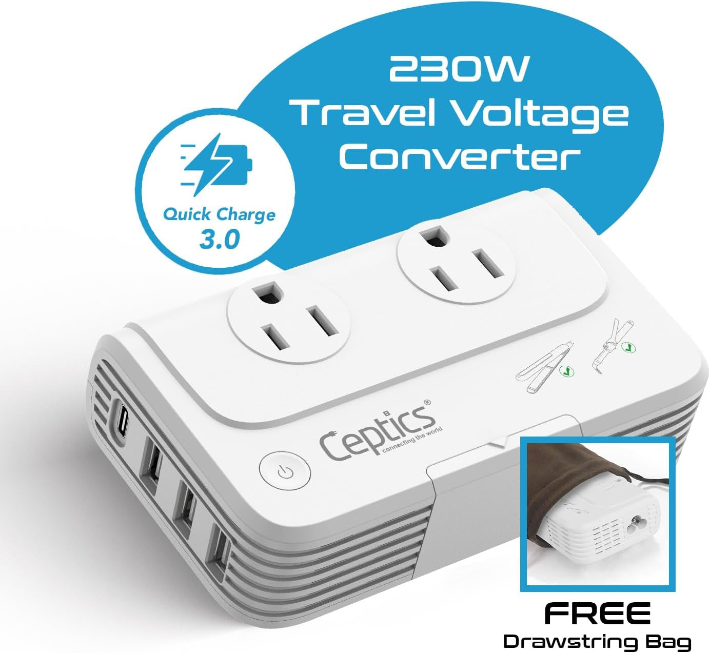 200 W Voltage Converter, Convert 220 V to 110V for Devices like Curling Iron, Straightener, Chargers, Step down World Power Plug - 4 USB Charging Fast QC 3.0 - EU/AU/UK/US Included